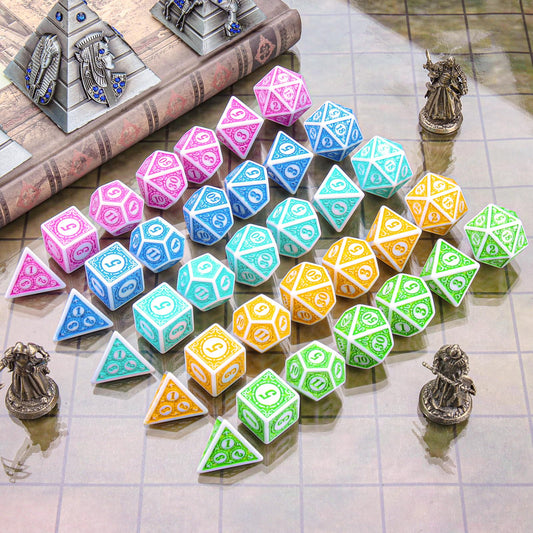 Coyeekn dnd dice close-up reveals retro carved design and bold numerals.