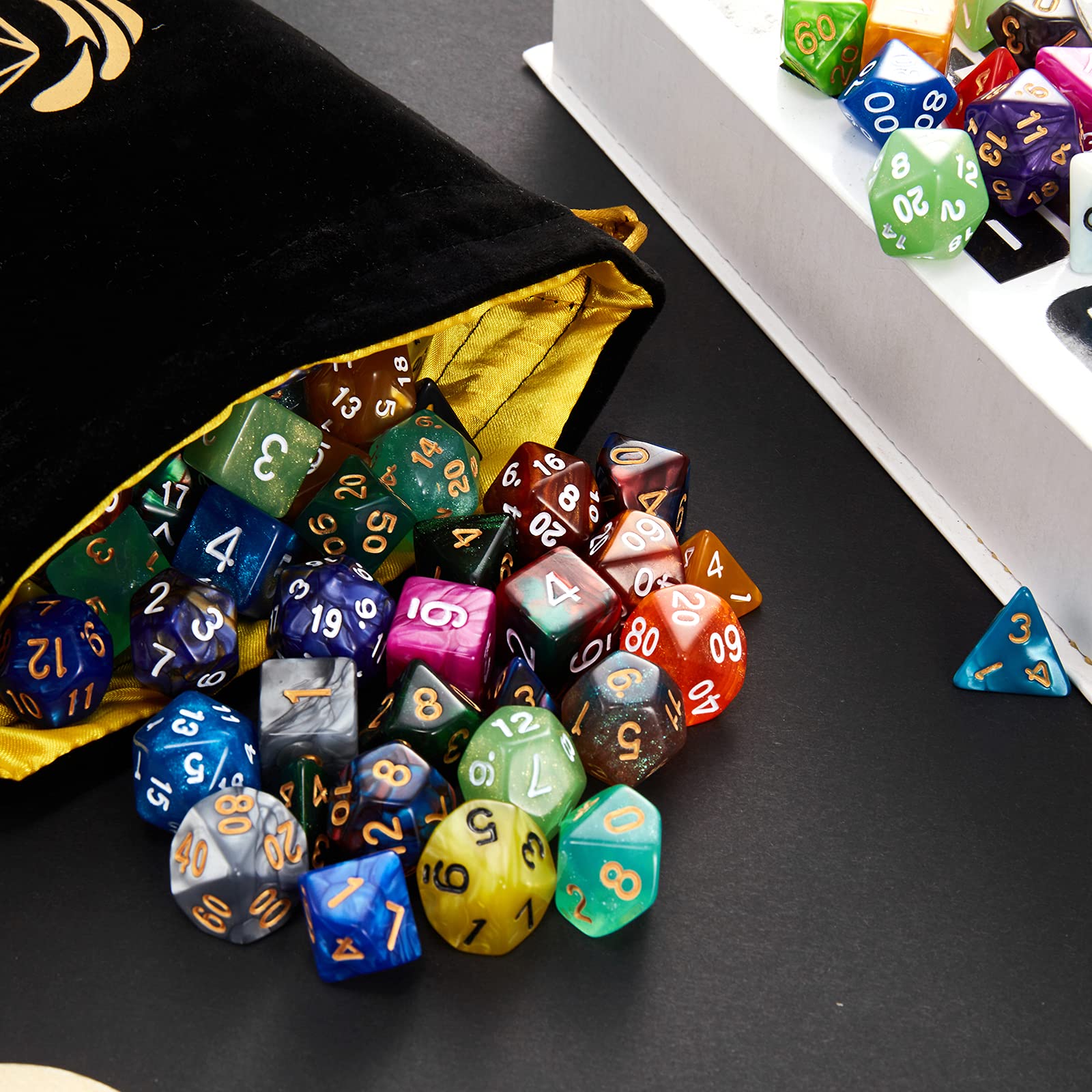 Coyeekn DND dice set includes large black flannel bag for easy transport.