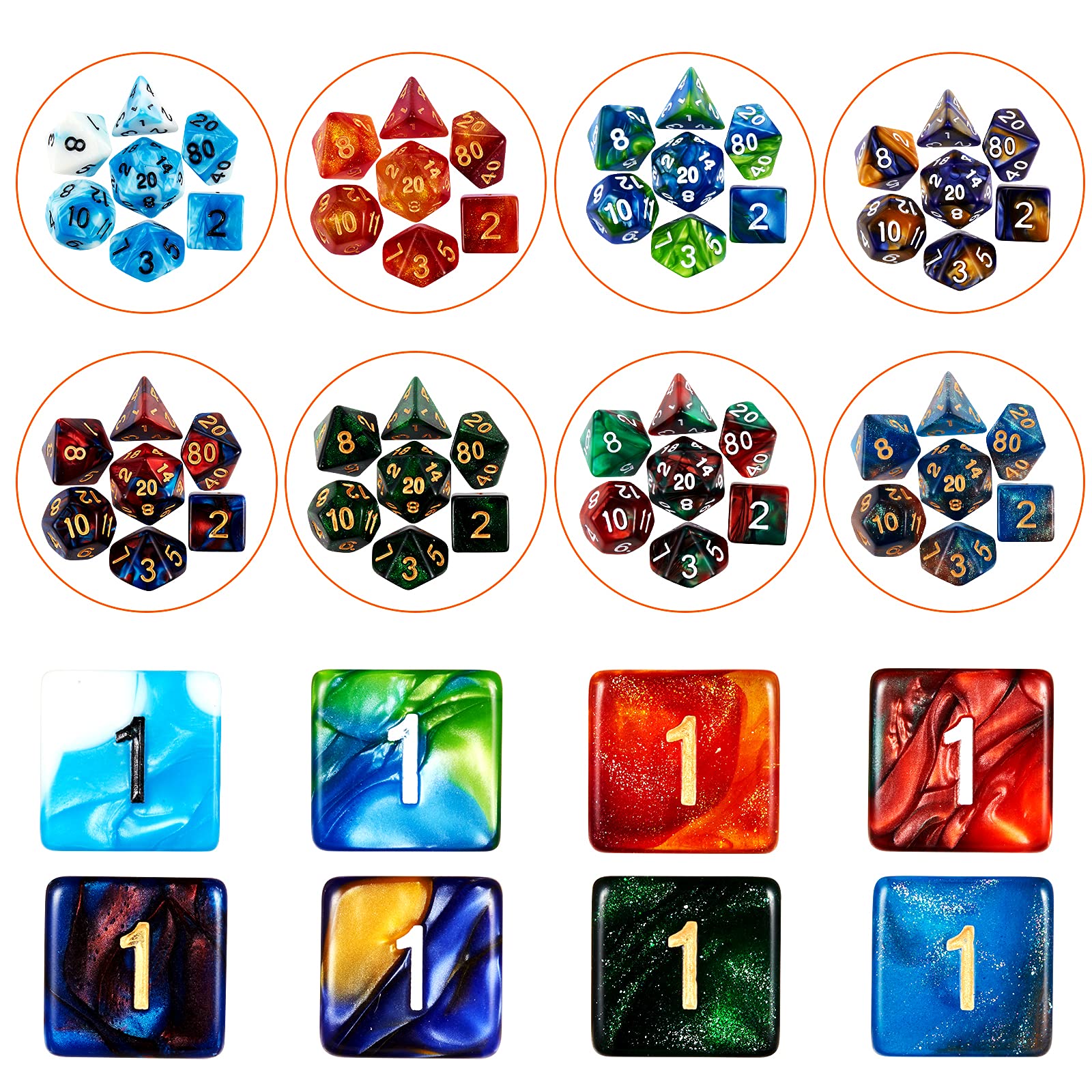 Coyeekn DND dice set close-up shows clearly printed numbers on each die.