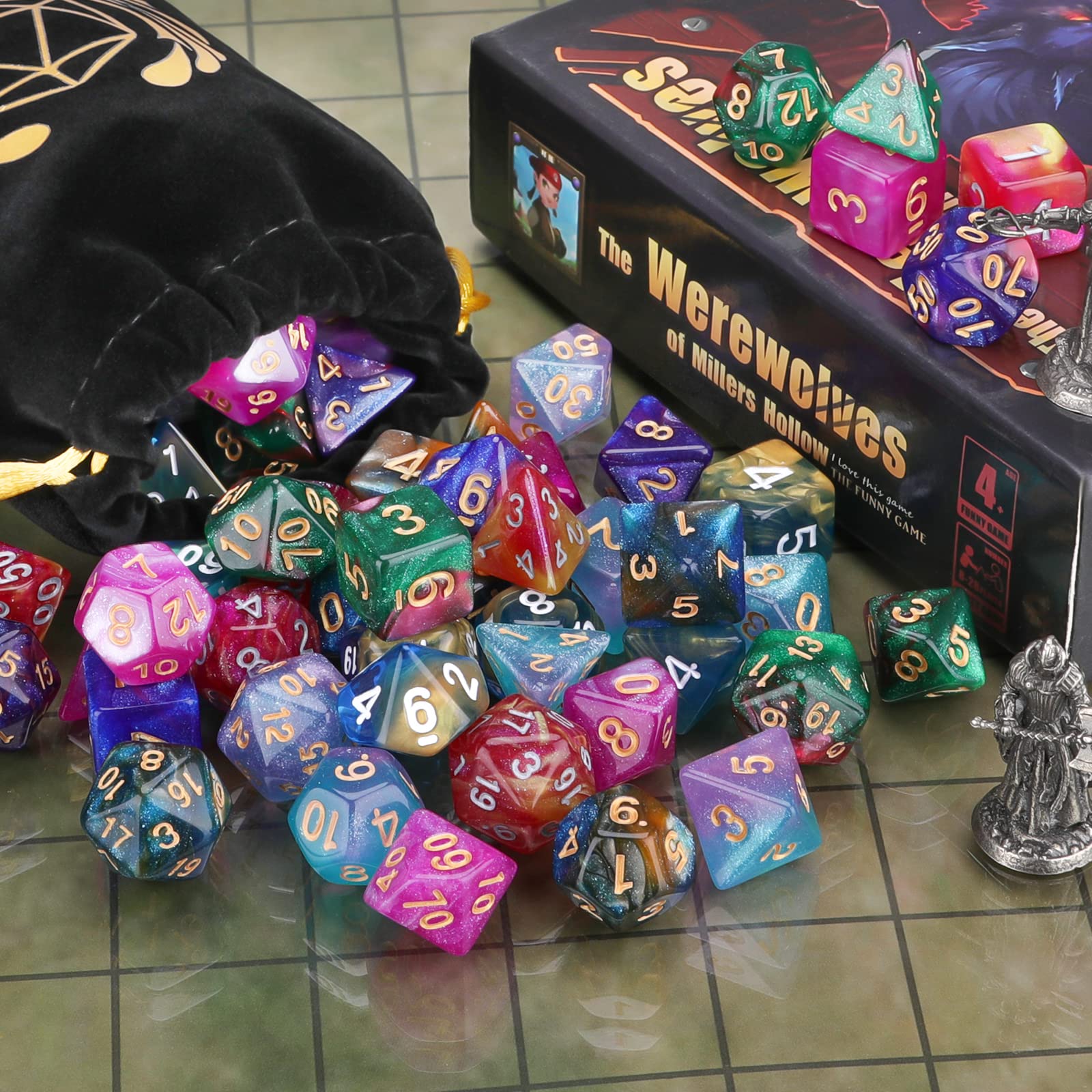 Coyeekn DND storage bag keeps the 49 dice organized between sessions.