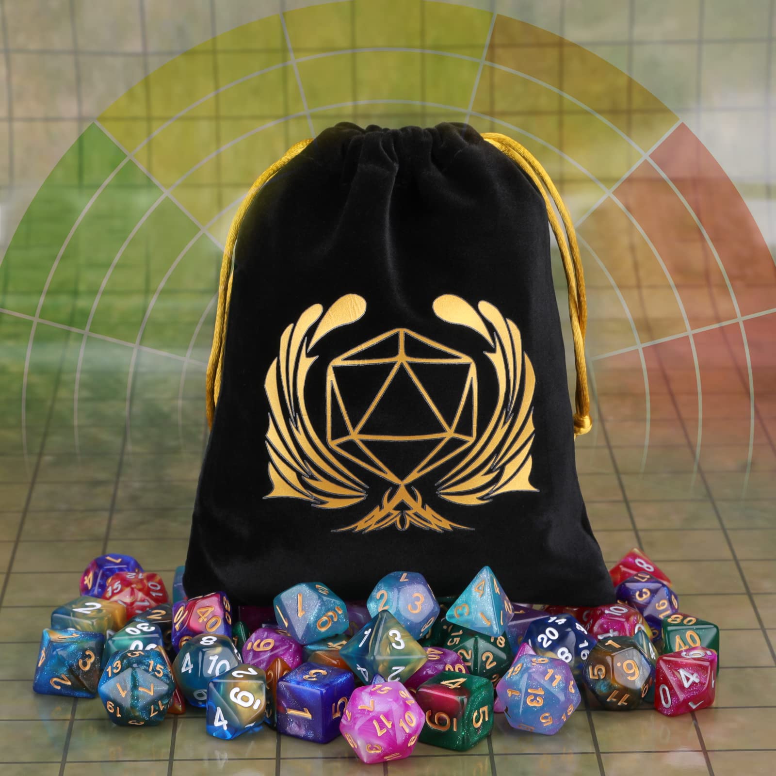Coyeekn DND dice on tabletop scene ready for adventures.