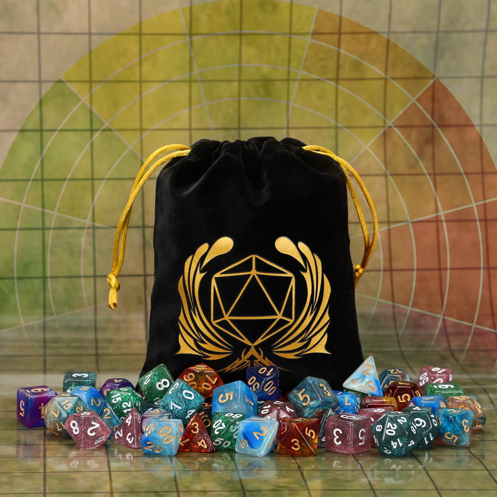 Coyeekn polyhedral dice in use during a friendly game.