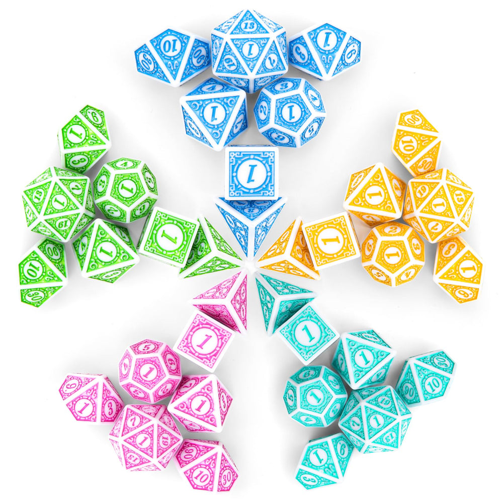 Coyeekn polyhedral dice set shown as the full collection for D&D.