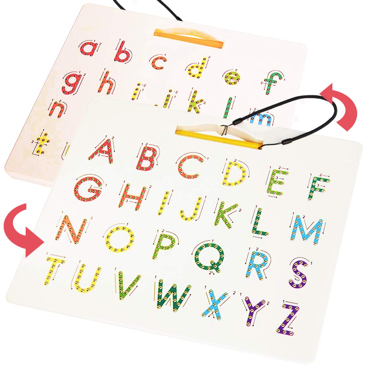 CozyBomB double-sided magnetic letter board for toddlers with uppercase and lowercase tracing.