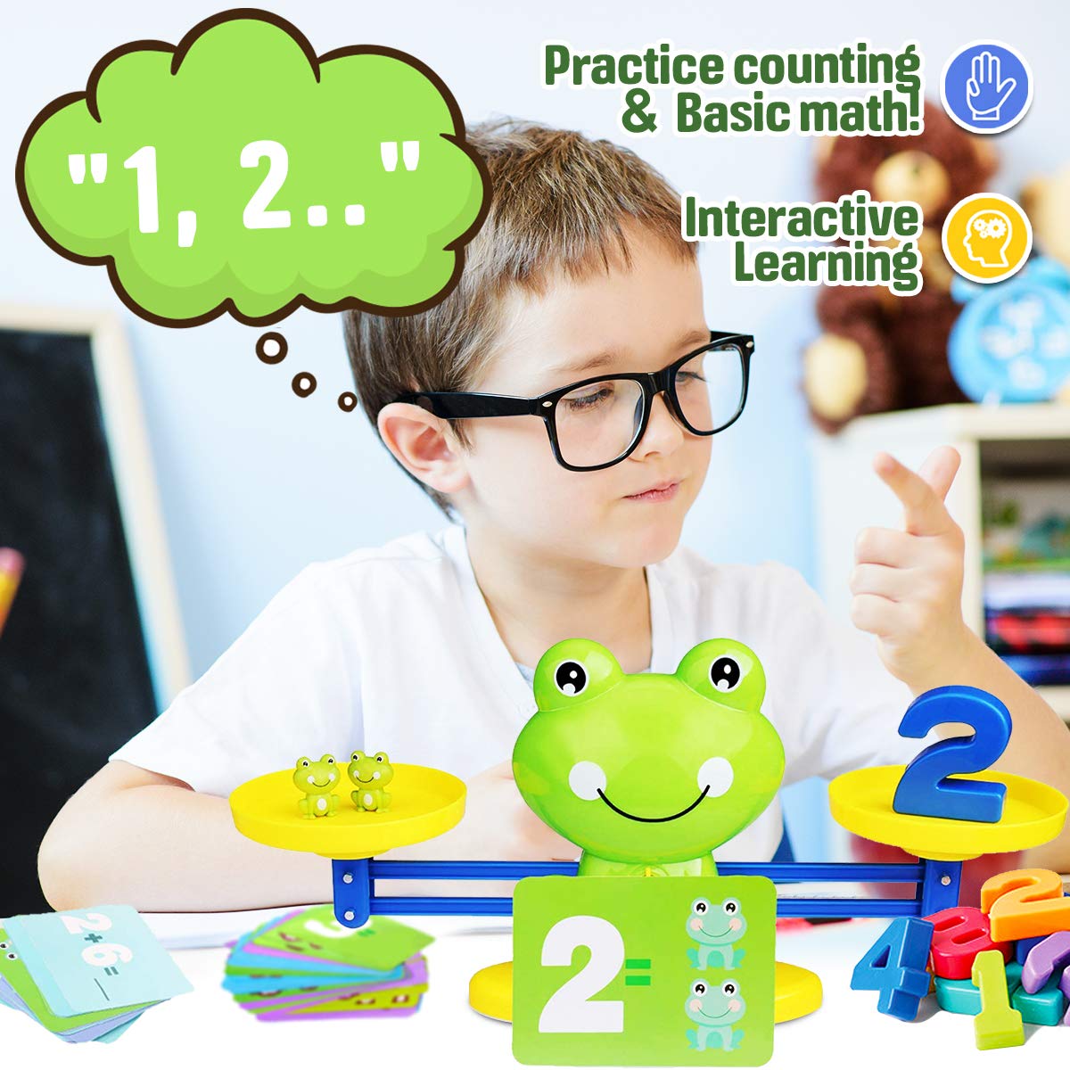 CozyBomB frog-weights offer tangible manipulatives for comparisons.