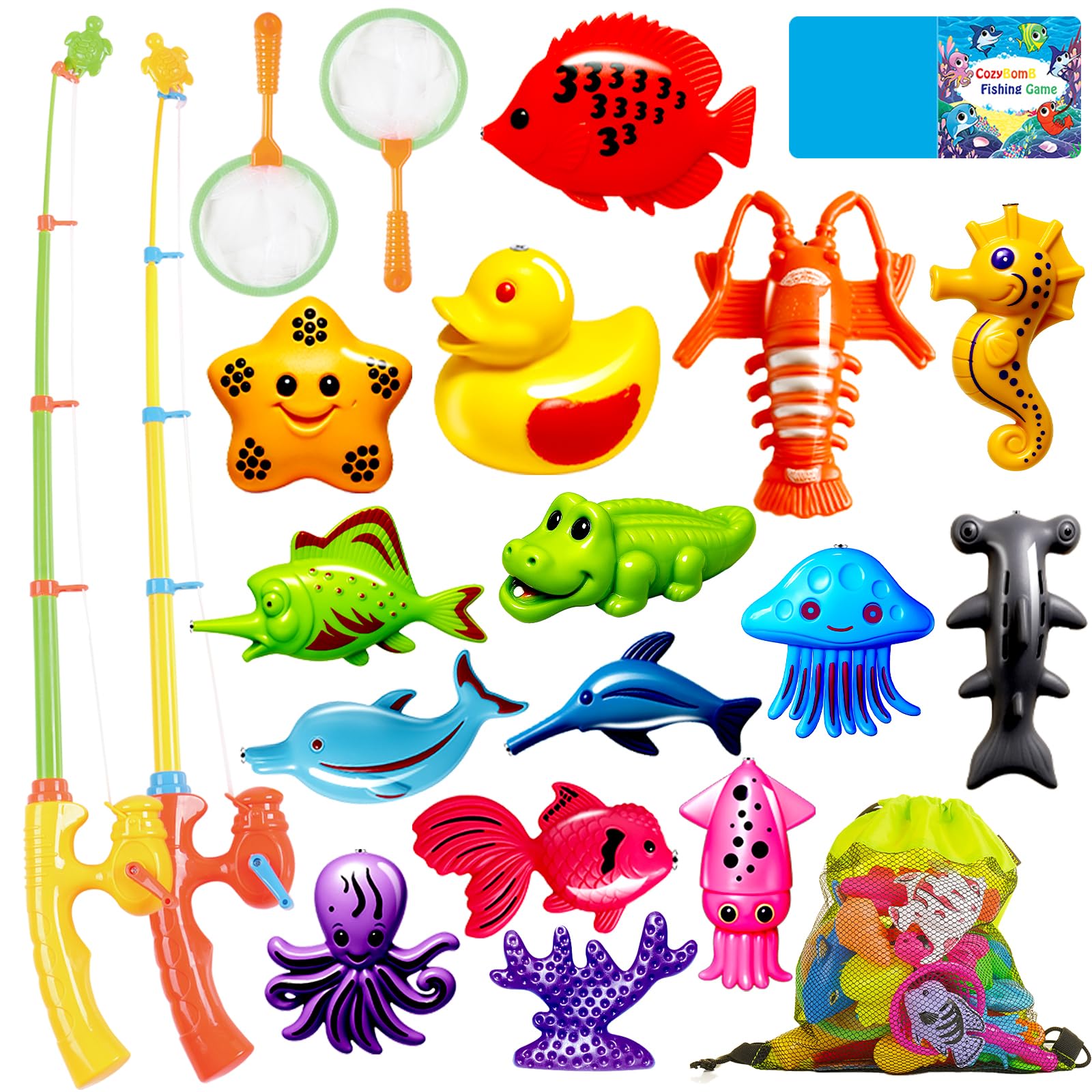 CozyBomB magnetic fishing toys at a water table setup encourage fine motor play and color recognition