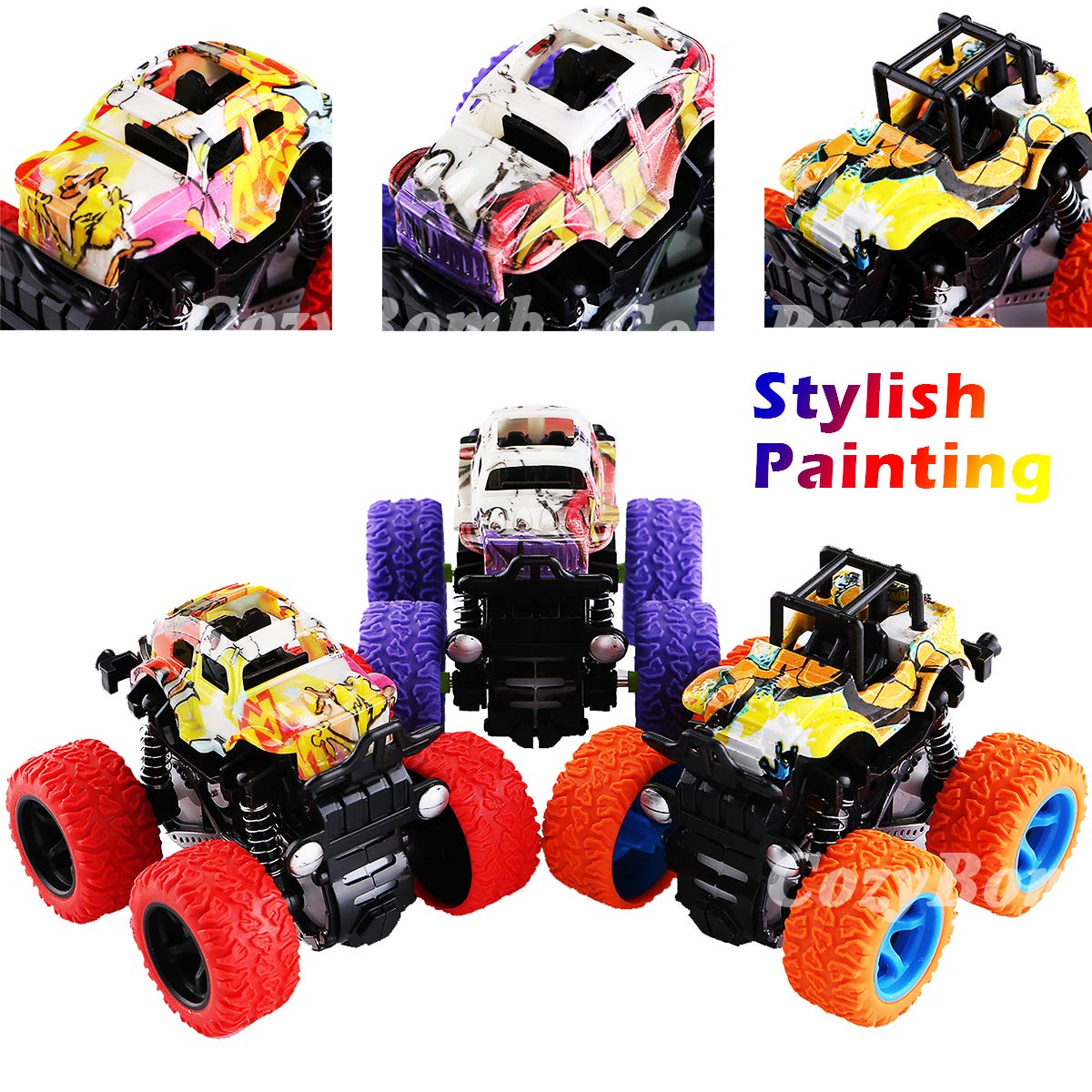 CozyBomB Monster Trucks rough-road play emphasizes durability on sand, grass, and pavement.