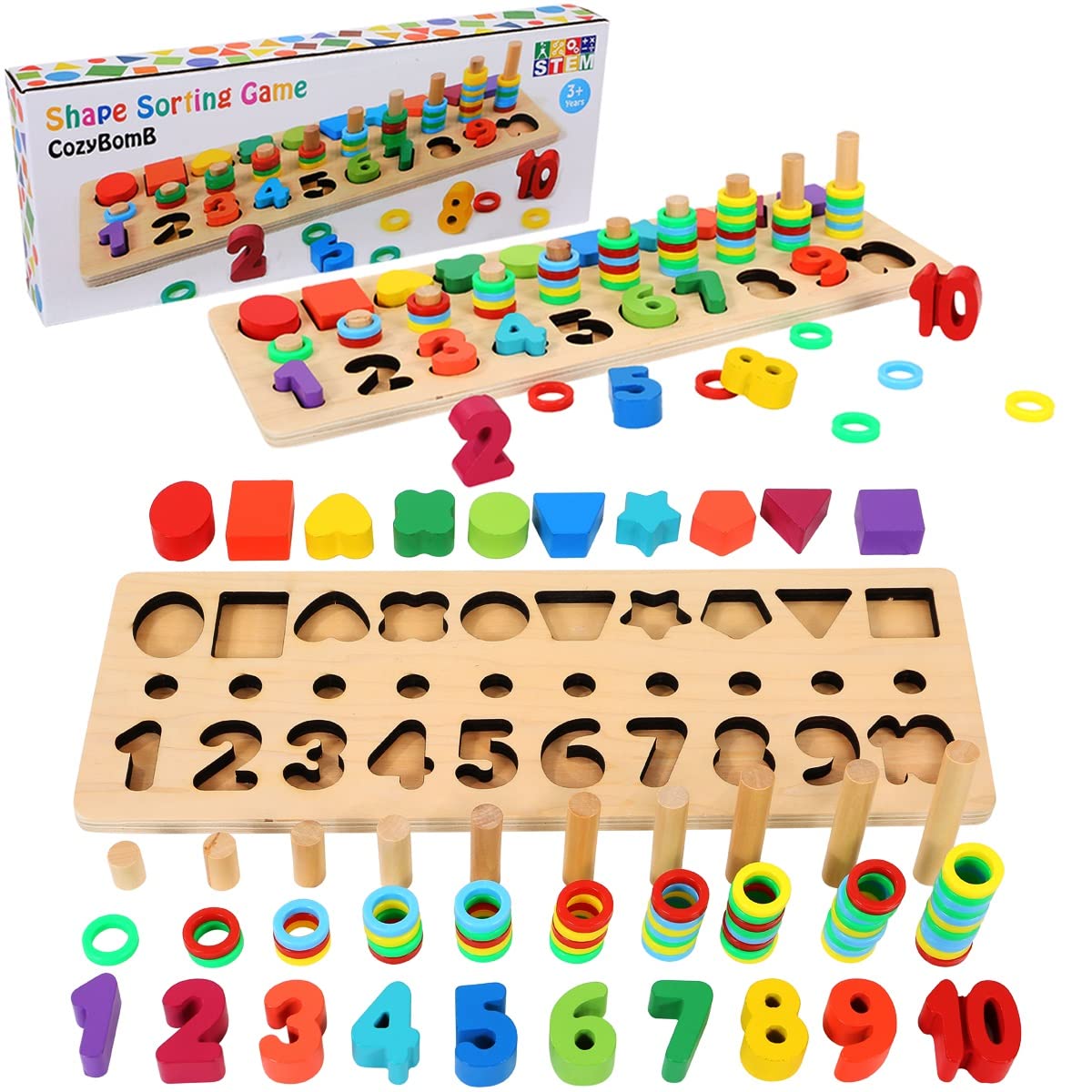 CozyBomB Montessori wooden number puzzles close-up showing color-coded rings for sorting