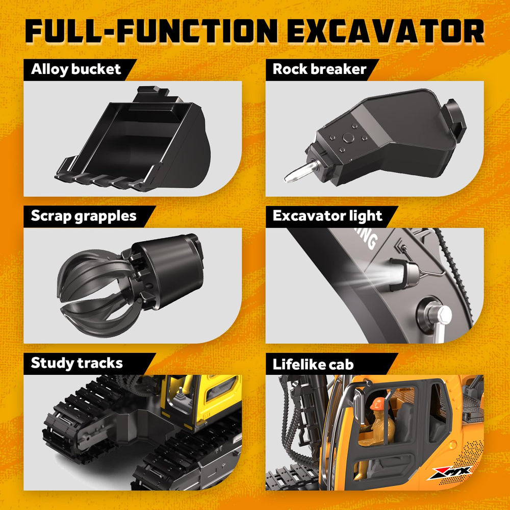 CozyBomB RC excavator 3in1 auger in motion for terrain drilling pretend tasks.