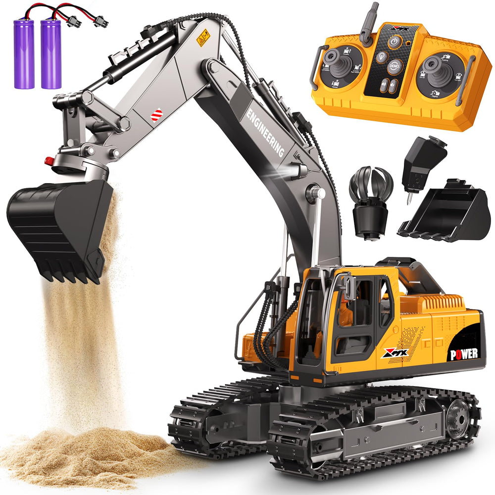 CozyBomB RC excavator 3in1 bucket demonstrates digging play and learning.
