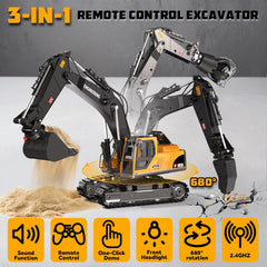 CozyBomB RC excavator 3in1 claw in action for object grabbing play.