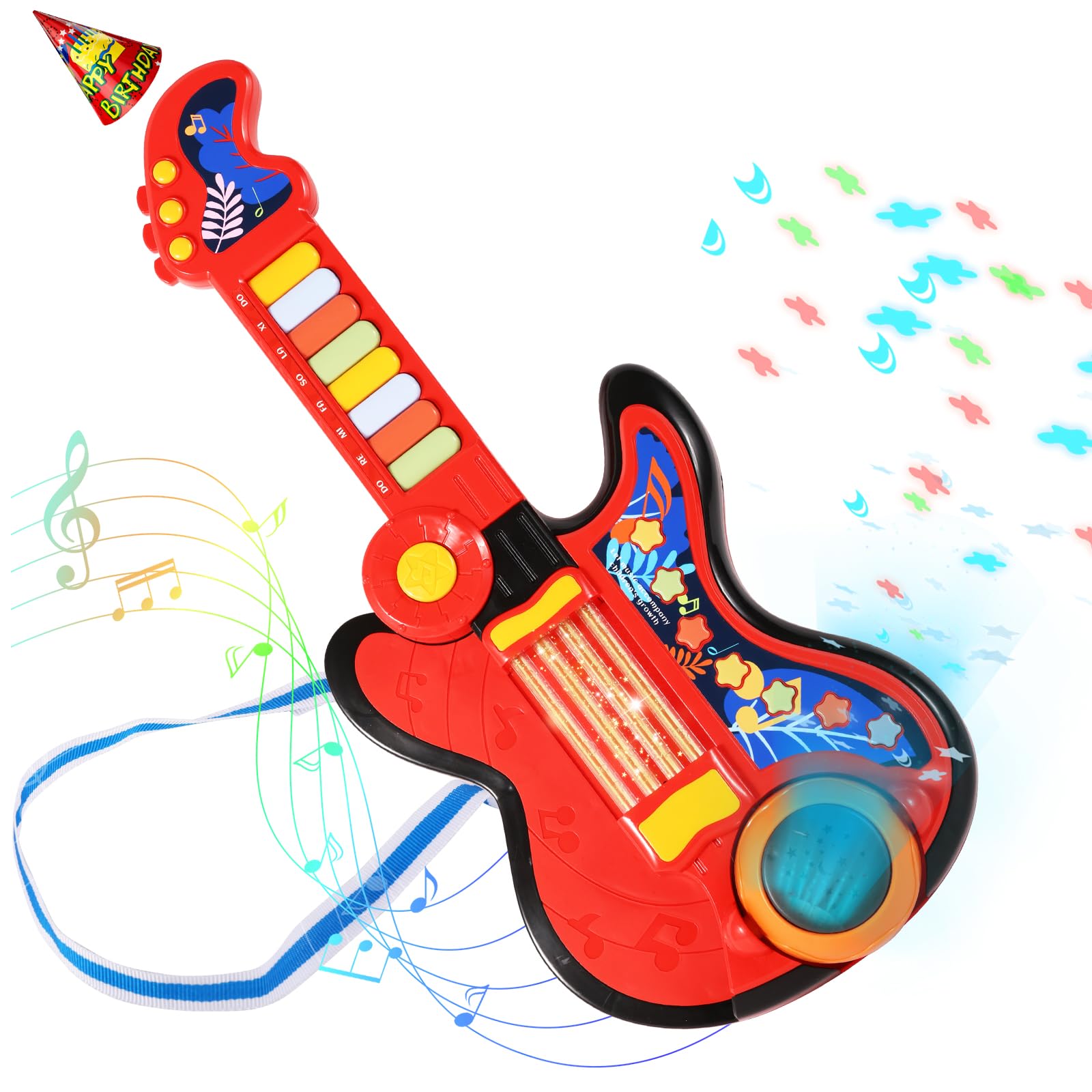 Cozybuy 4-in-1 kid guitar play modes with lights enhance early musical exploration.