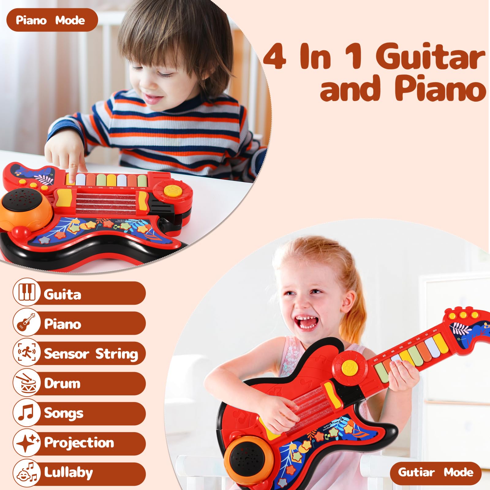 Cozybuy kid guitar with adjustable strap for easy carry and pretend play.