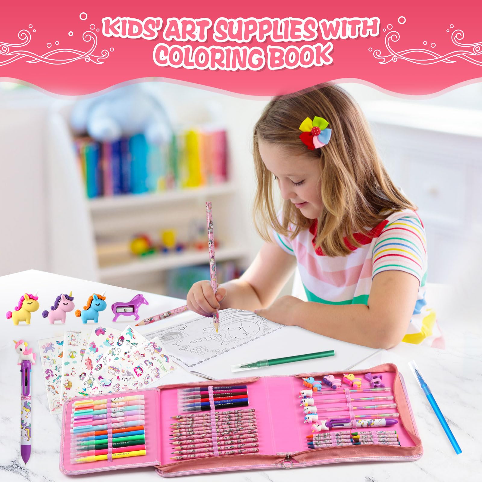 CozyJoyz Art supplies organized inside unicorn pencil case for easy access.