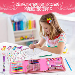 CozyJoyz Art supplies organized inside unicorn pencil case for easy access.