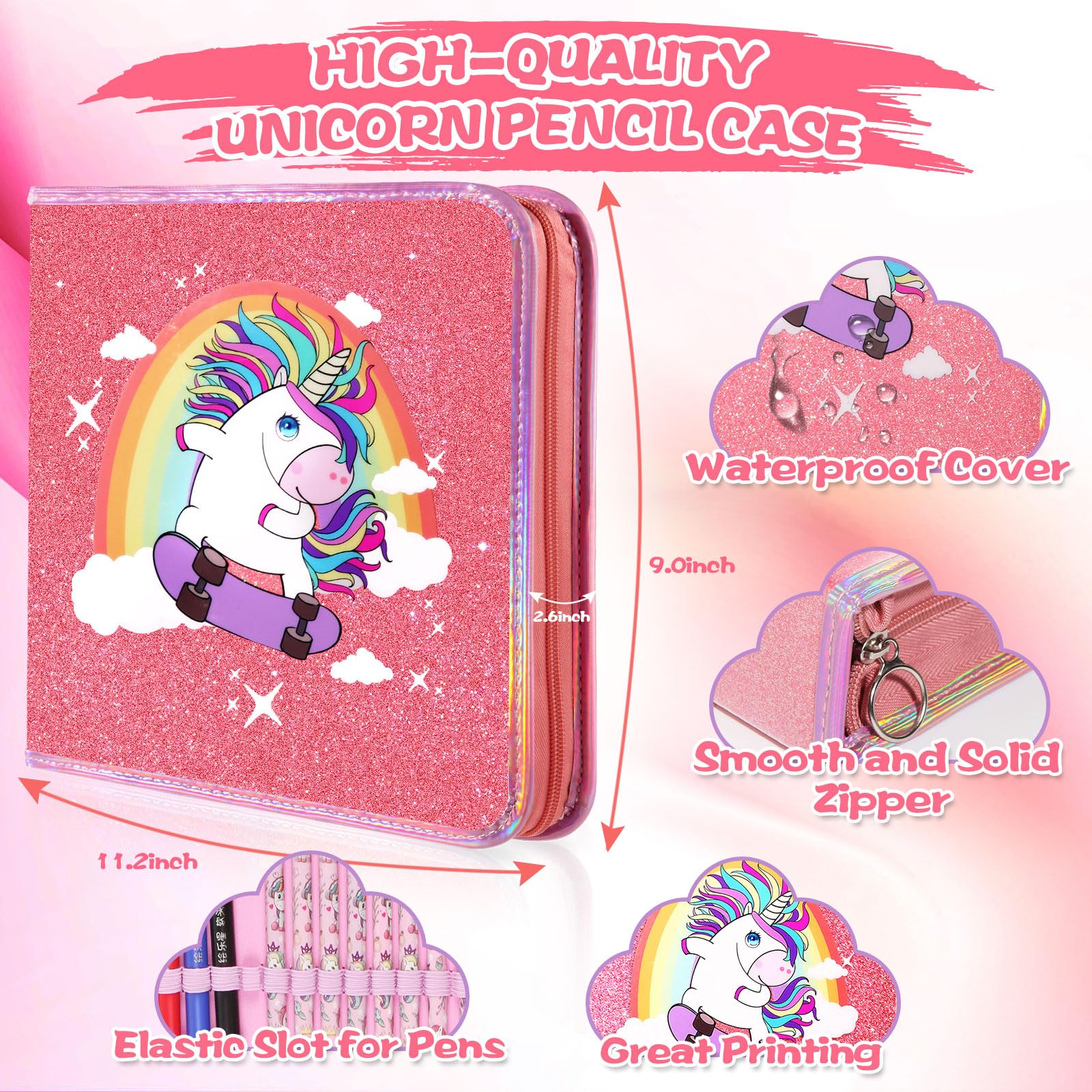 CozyJoyz Unicorn riding skateboard illustration for playful school supplies.