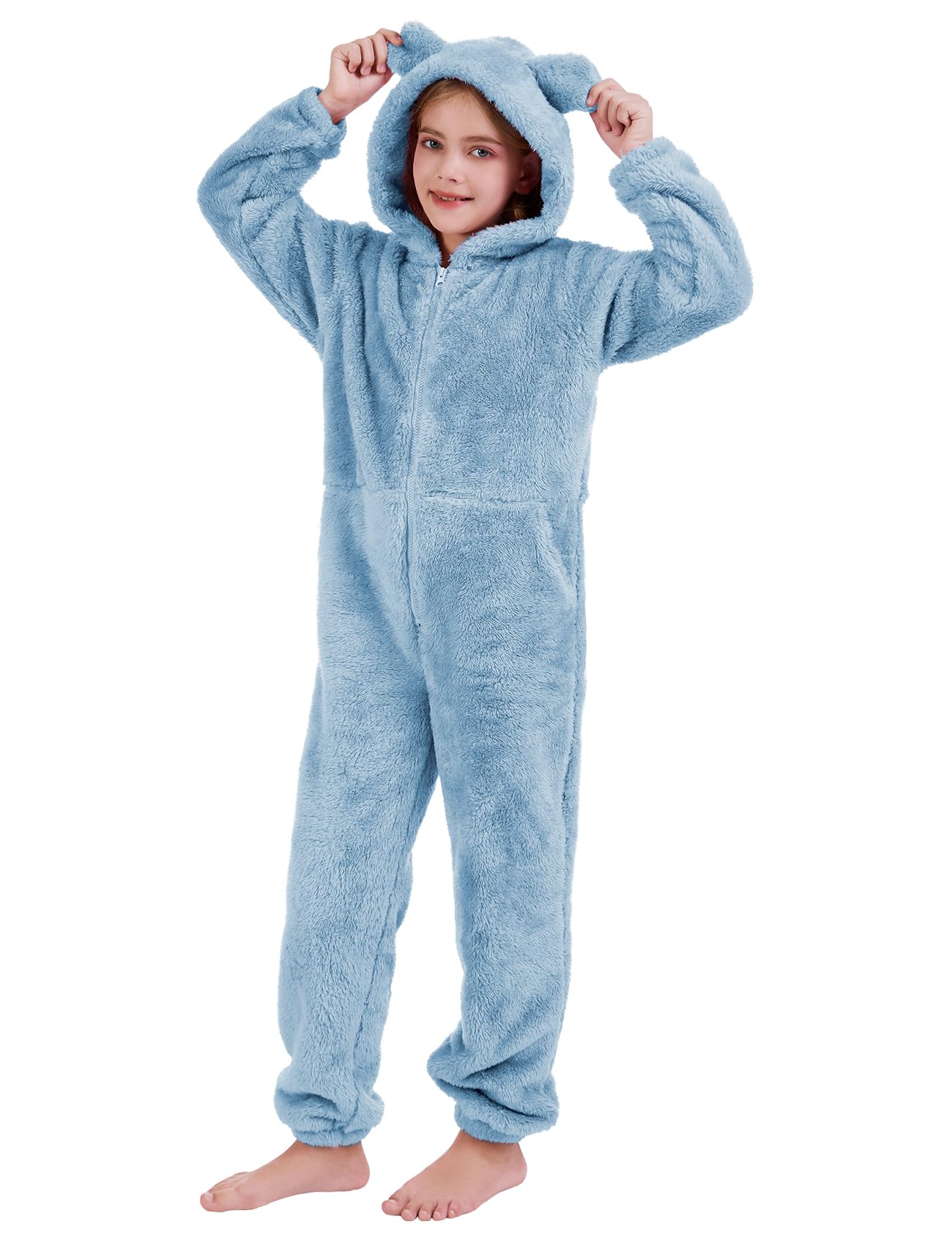 COZYPOIN girls fleece zip jumpsuit blue hood for cozy warmth.