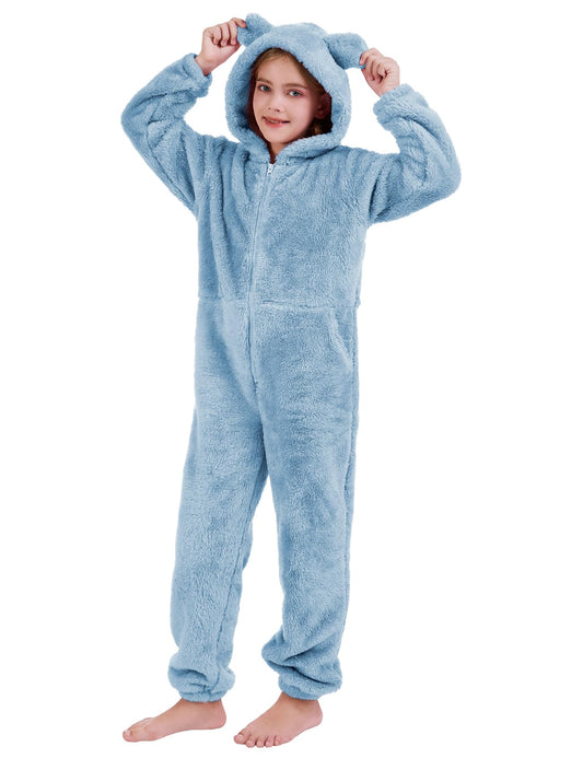 COZYPOIN girls fleece zip jumpsuit blue hood for cozy warmth.
