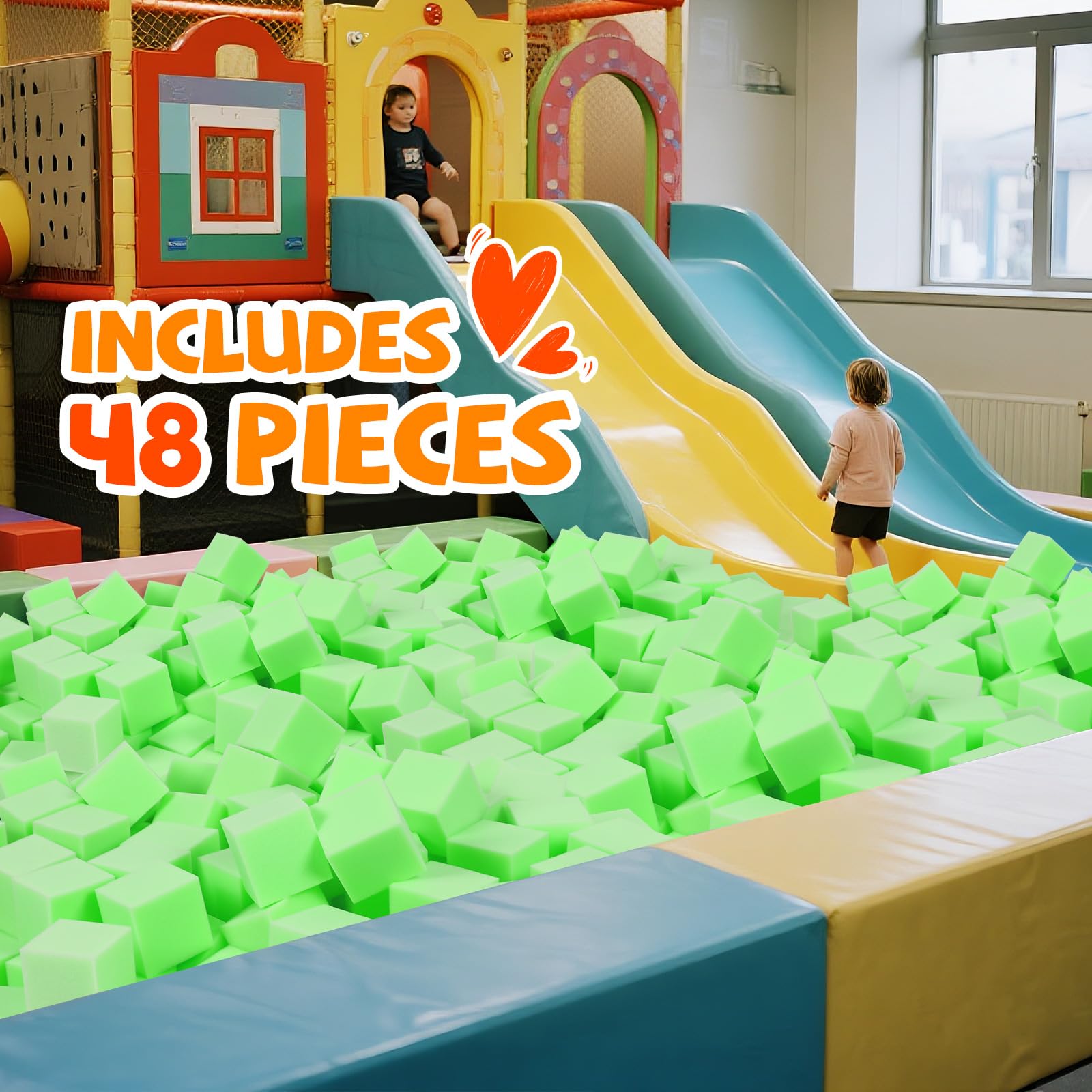 Cozytraum ball pit setup on foam cubes demonstrates a cushioned landing zone