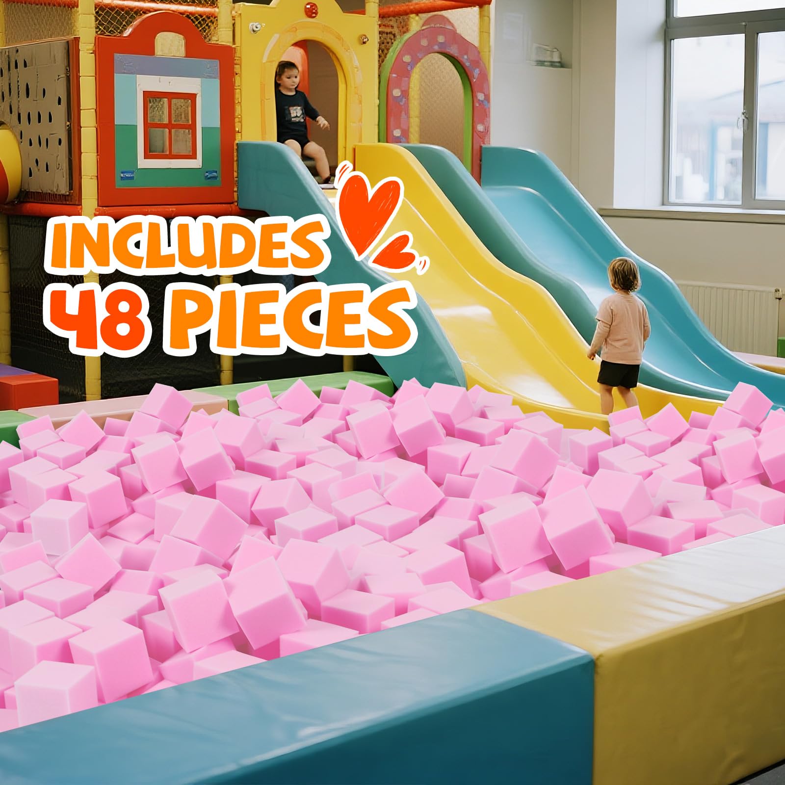 COZYTRAUM pink foam cubes used in trampoline or gym setups