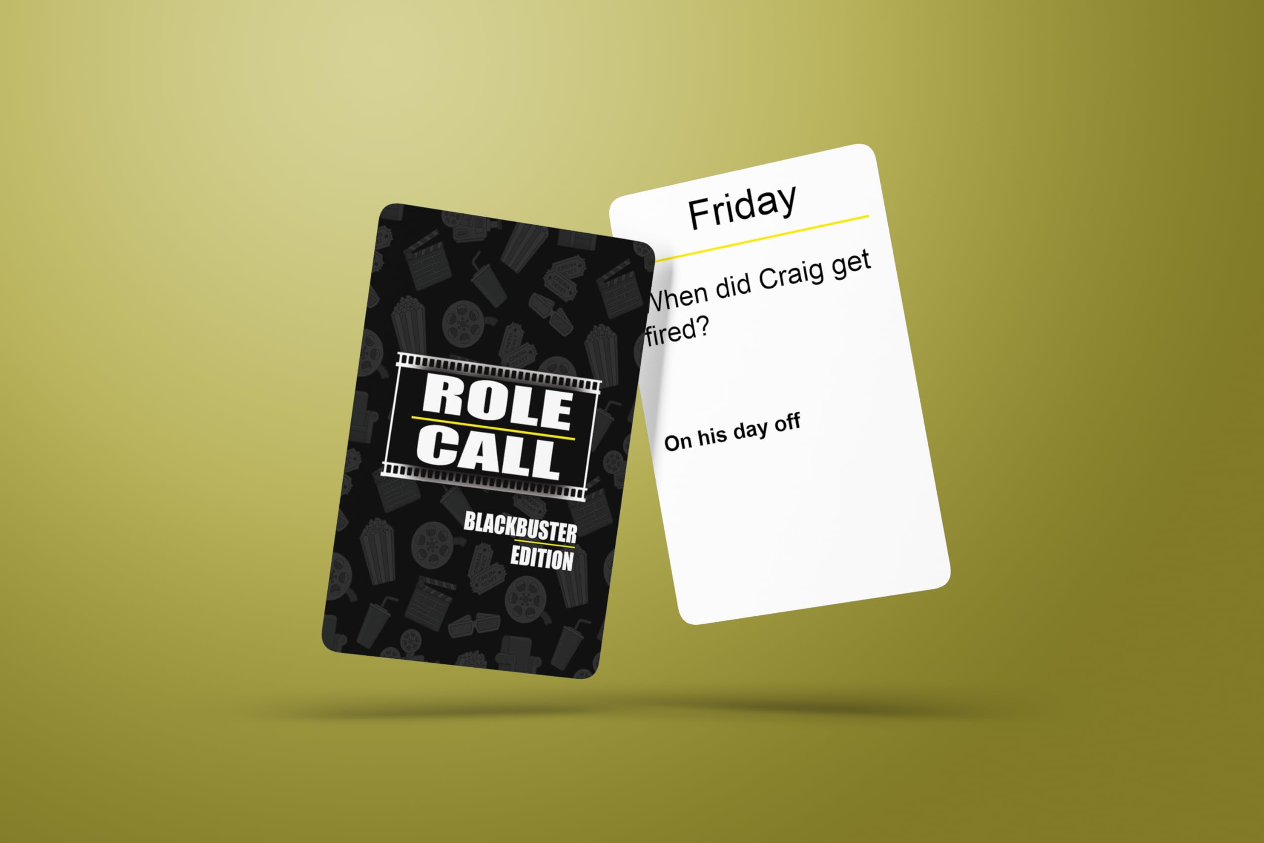 Play area layout for CP TIME Role Call Blackbuster Edition with friends in a lively trivia setup.