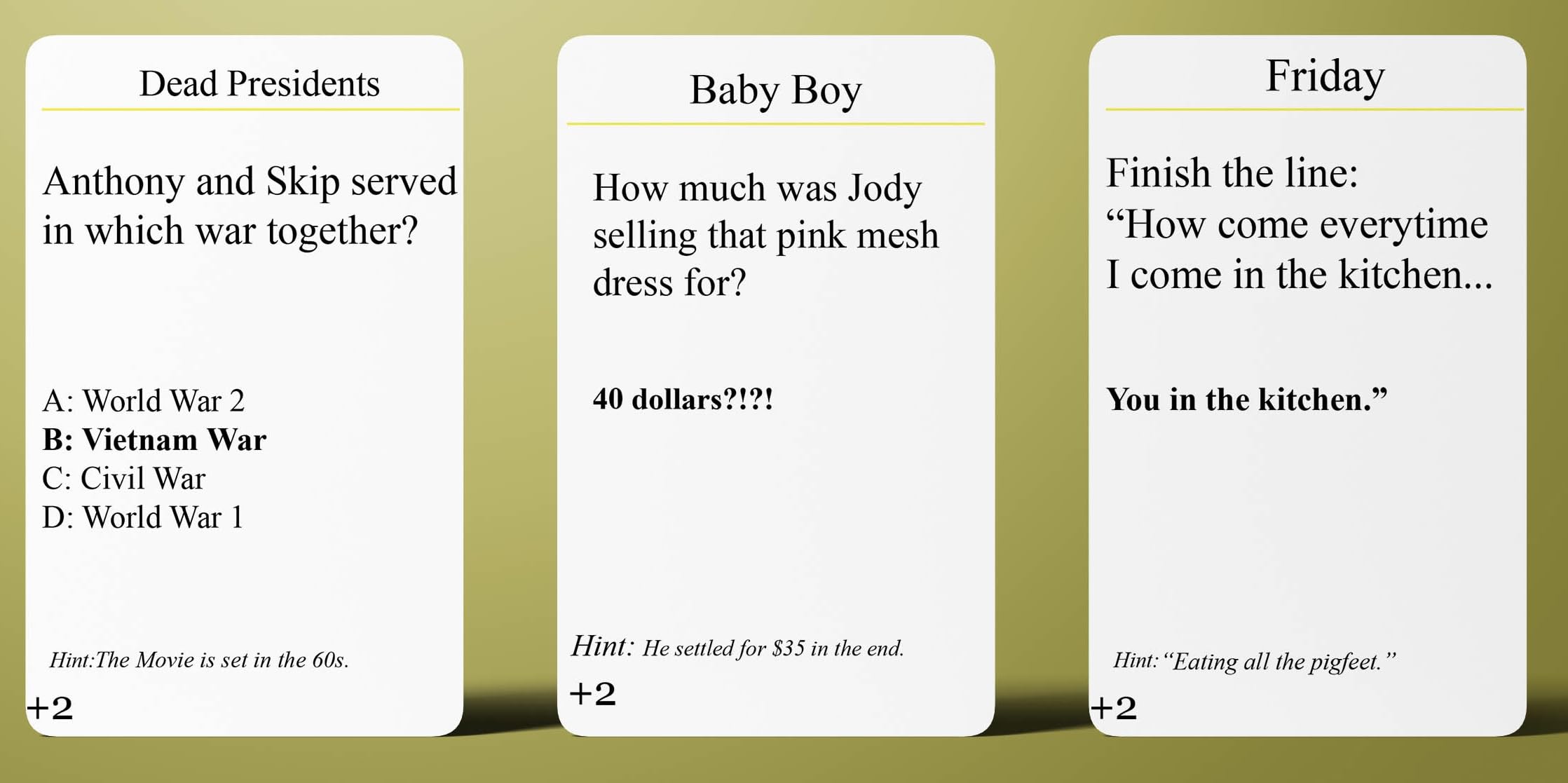Question cards from CP TIME Role Call Blackbuster Edition showing iconic movie moments for quick gameplay.