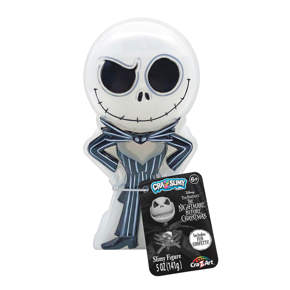 Cra-Z-Slimy Jack Skellington slime container with glossy iridescent slime for decorative display.