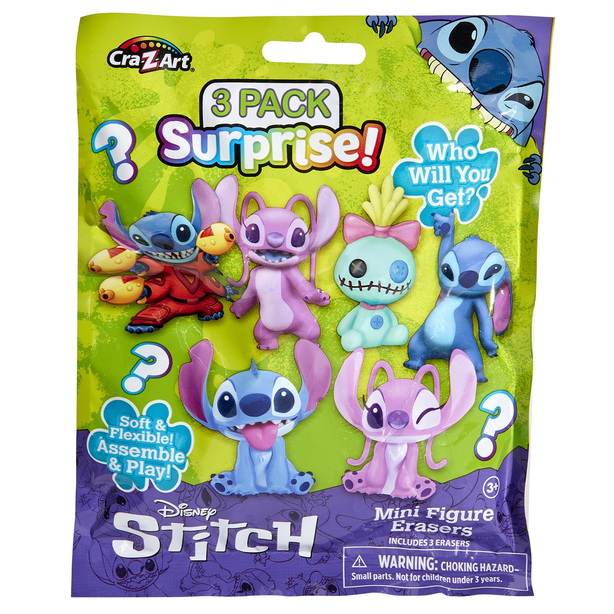 Cra-Z-Art Stitch Surprise 3 Pack erasers—three assembleable figures for classroom fun.