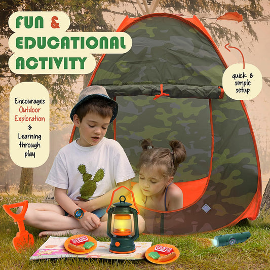 CraftBud camping set campfire scene with pretend glow enhances storytelling during play