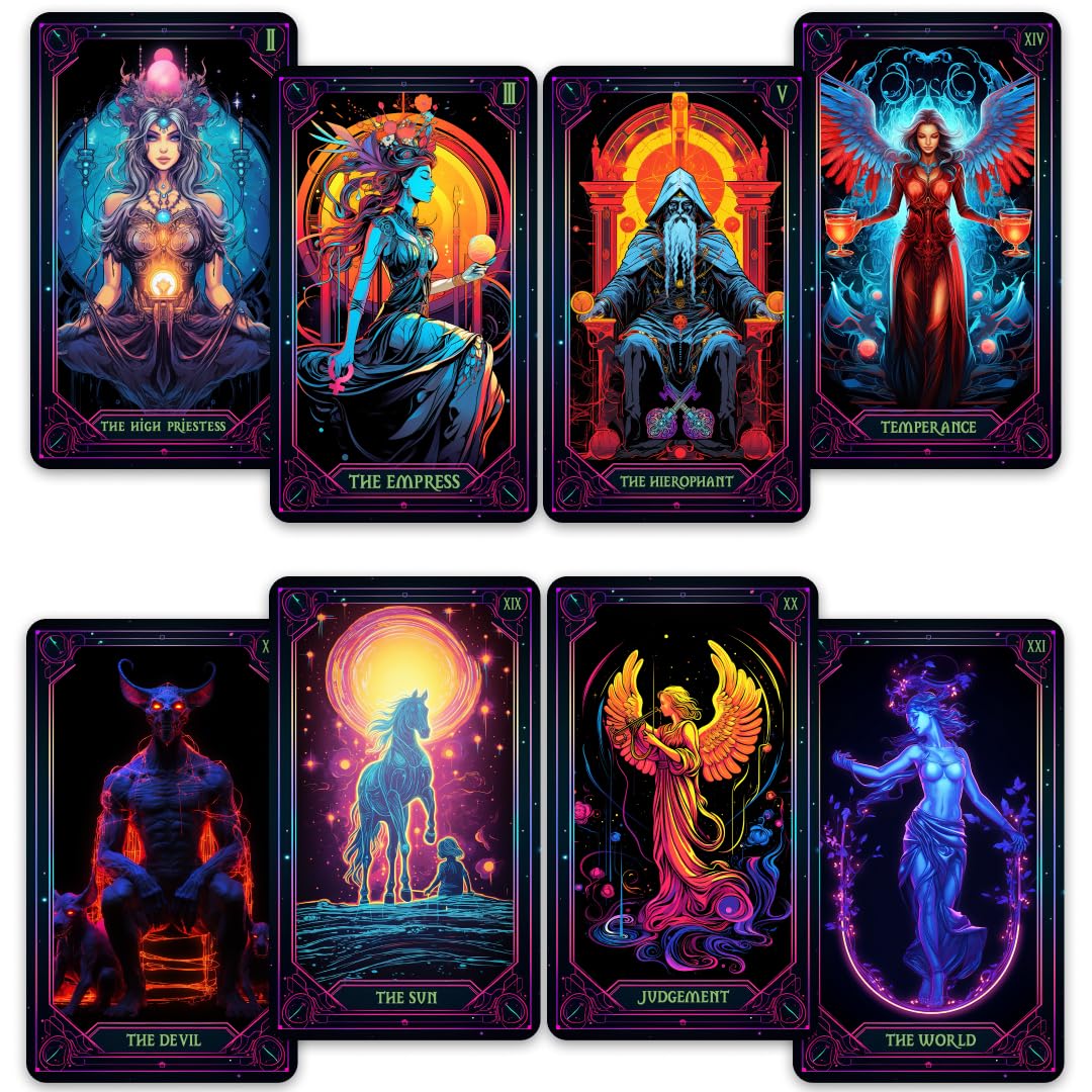 CRAFTERIAN Neon Tarot Deck 78 cards spread with vibrant neon imagery for modern readings