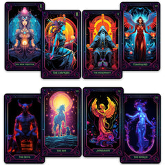 CRAFTERIAN Neon Tarot Deck 78 cards spread with vibrant neon imagery for modern readings