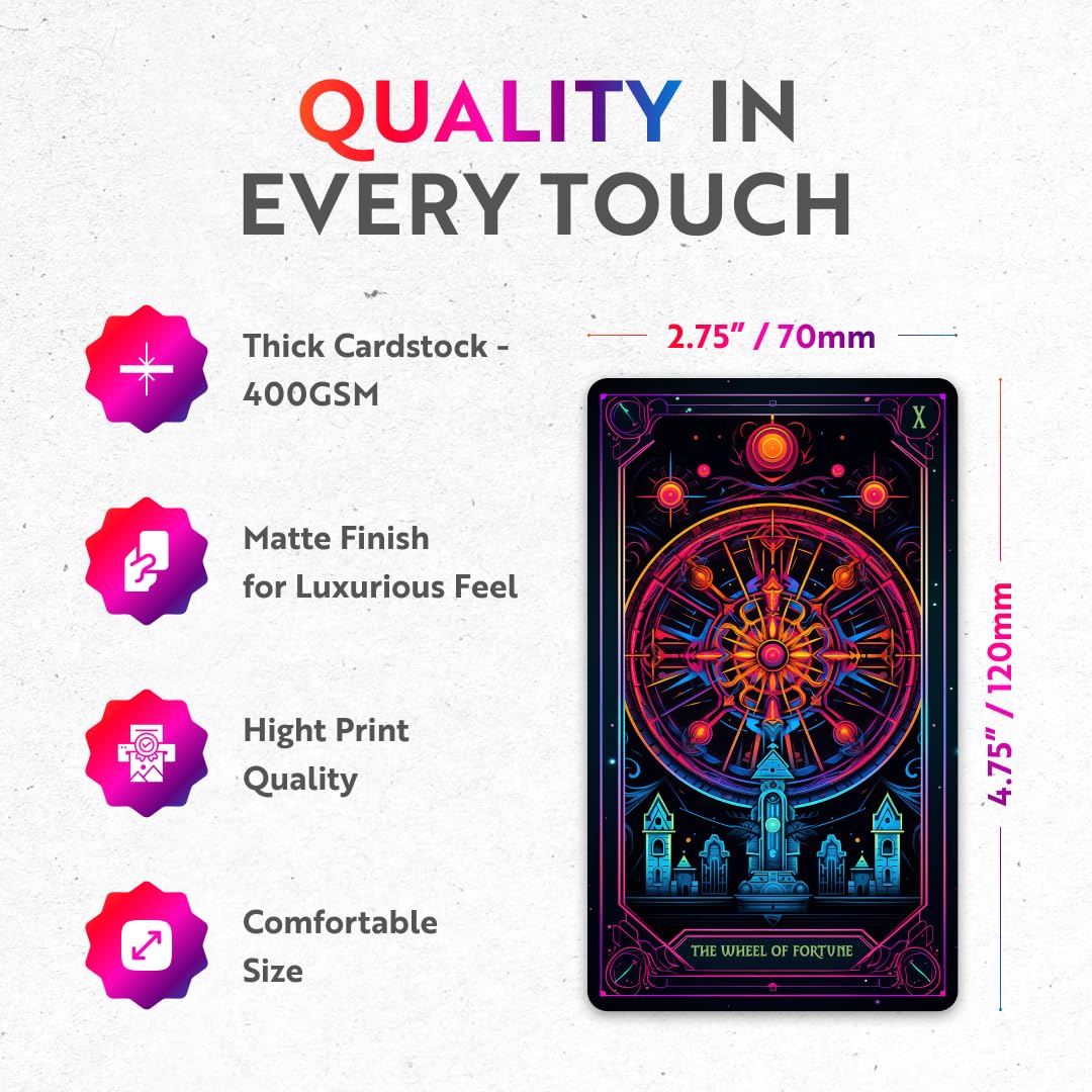 CRAFTERIAN Neon Tarot guide-book shown beside cards to support intuitive practice