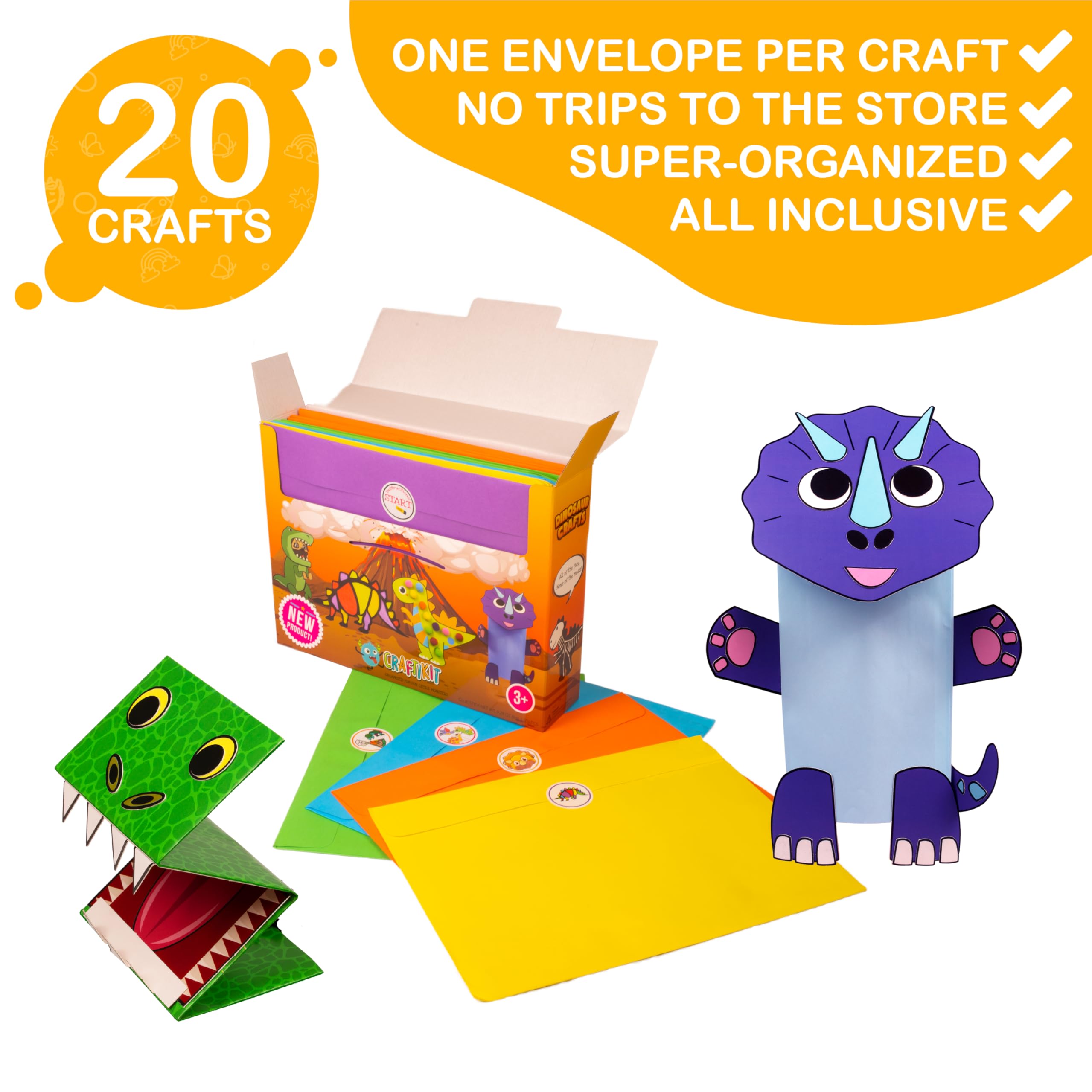 Craftikit kid crafting scene demonstrates independent play with dinosaur projects.
