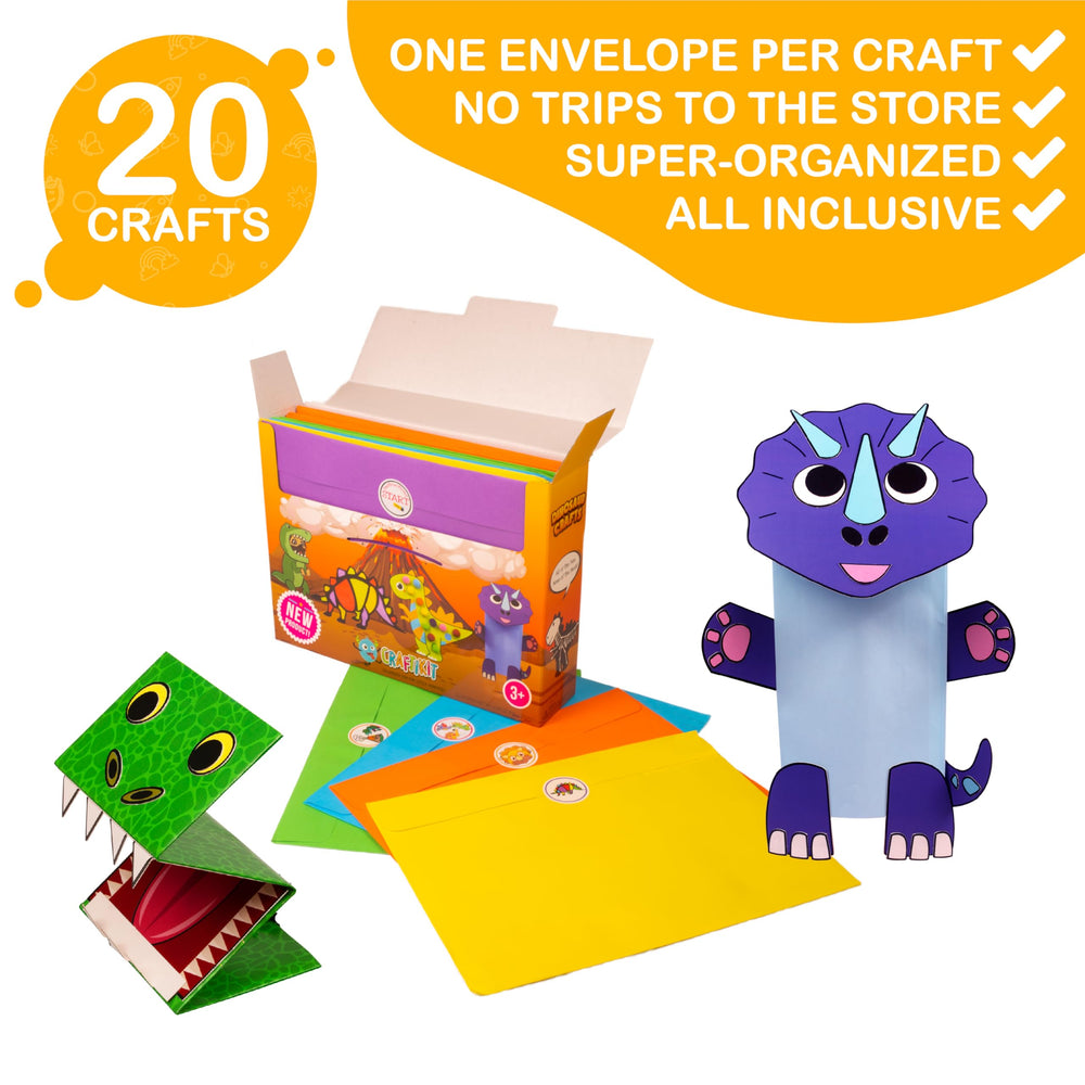 Craftikit kid crafting scene demonstrates independent play with dinosaur projects.