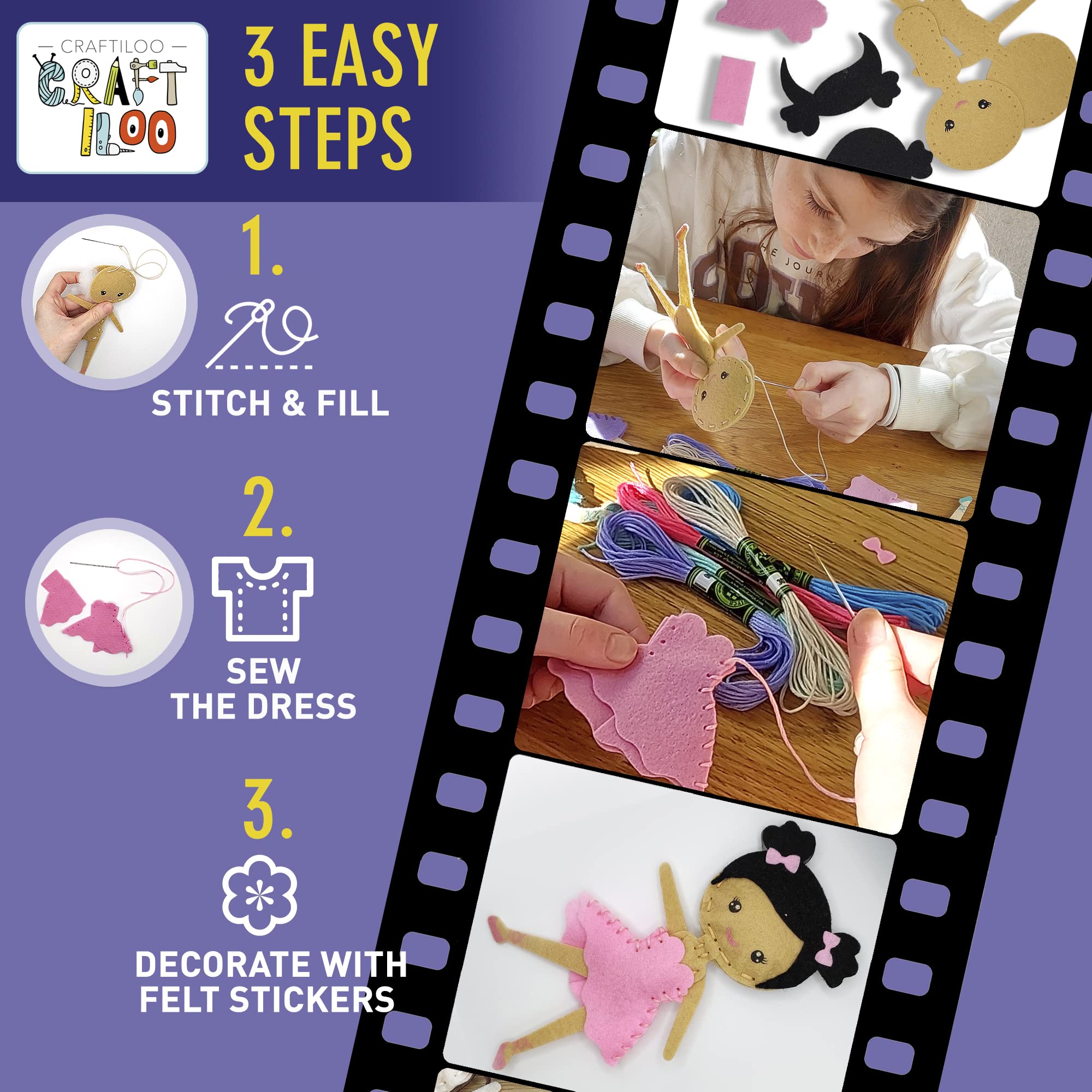CRAFTILOO embroidery floss spools bring vibrant color and texture to each ballerina.