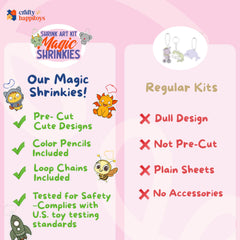 Crafty Happittoys shrinking art set keychains ready for bags and backpacks.