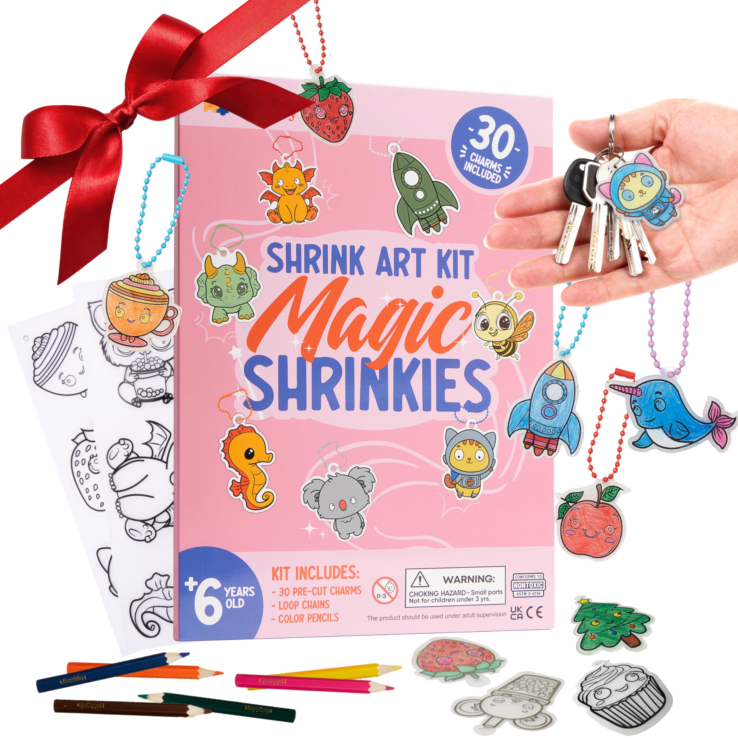 Crafty Happittoys shrinking art set packaging showcases all components for easy setup.