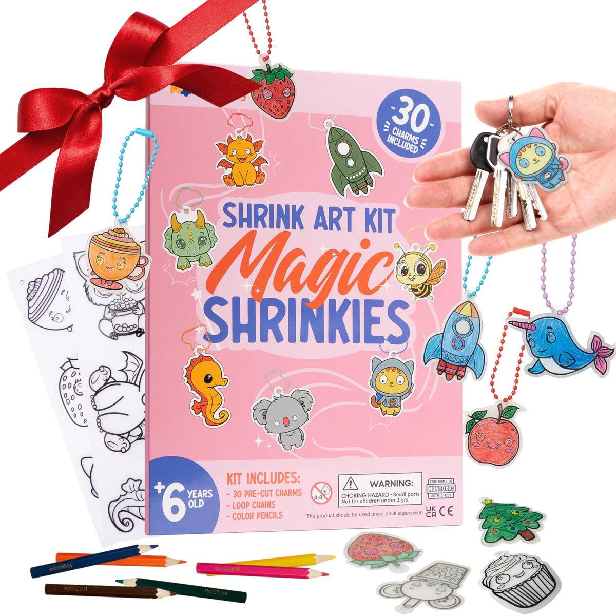Crafty Happittoys shrinking art set packaging showcases all components for easy setup.