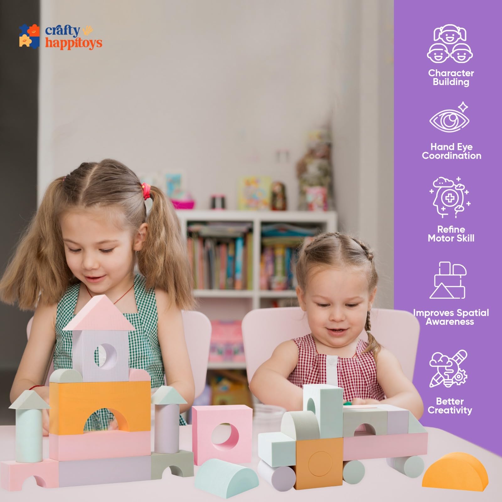 Crafty Happittoys kids building with soft blocks promotes fine motor skills