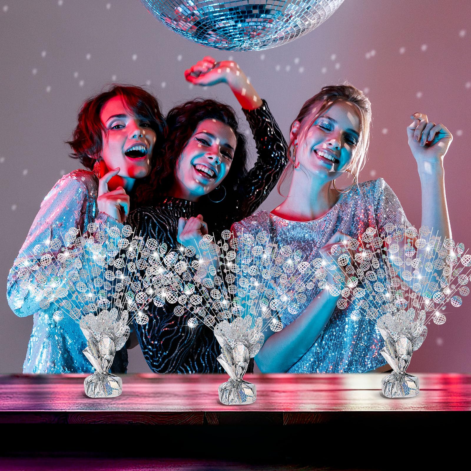 CraftyDream silver disco centerpiece reflects light, creating a lively table focal point.