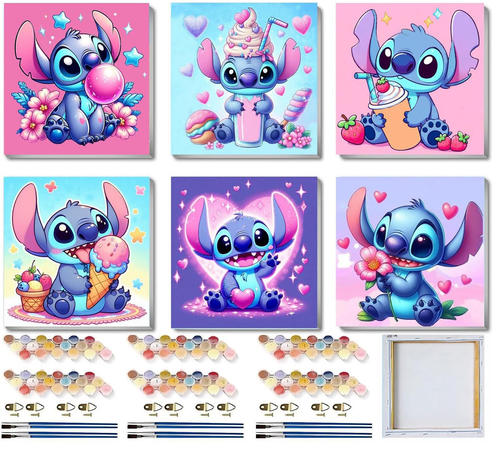 CraftyTime Cartoon Paint by Numbers six-pack canvases for kids to start a simple art project
