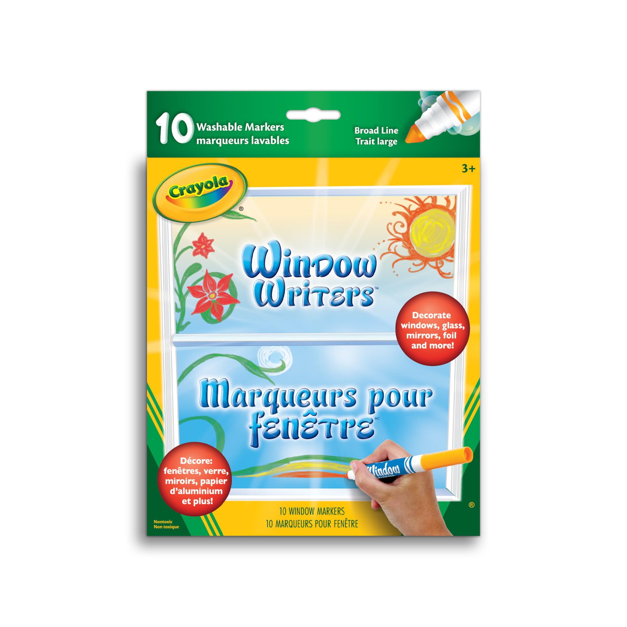 Crayola 10-washable window markers pack on glass; bright colors.