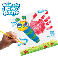 Crayola 18-color pots shown in action on paper, encouraging creativity.