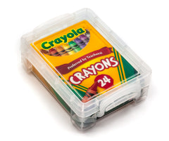 Crayola 24-count crayons in a clear box, ideal for easy storage and kids' art projects.