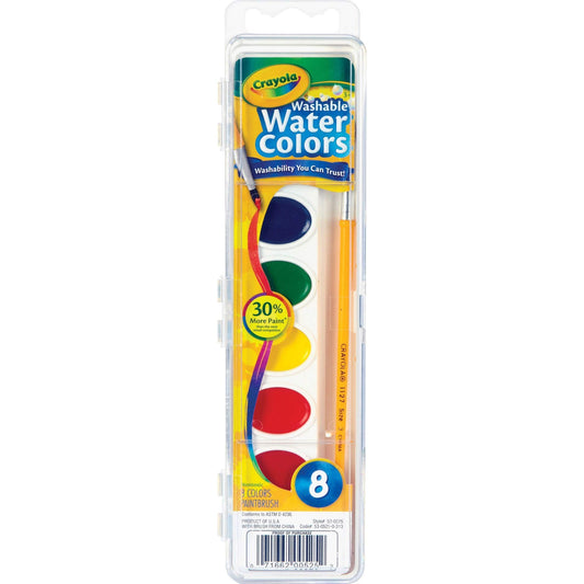 Crayola 530525 watercolor paints with eight colors and a brush for easy cleanup