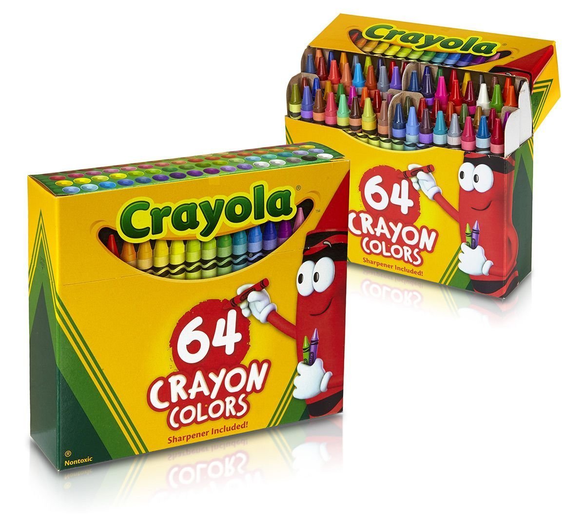 Crayola 64-count crayons two-pack image with sharpener, ideal for classroom art and family crafts.