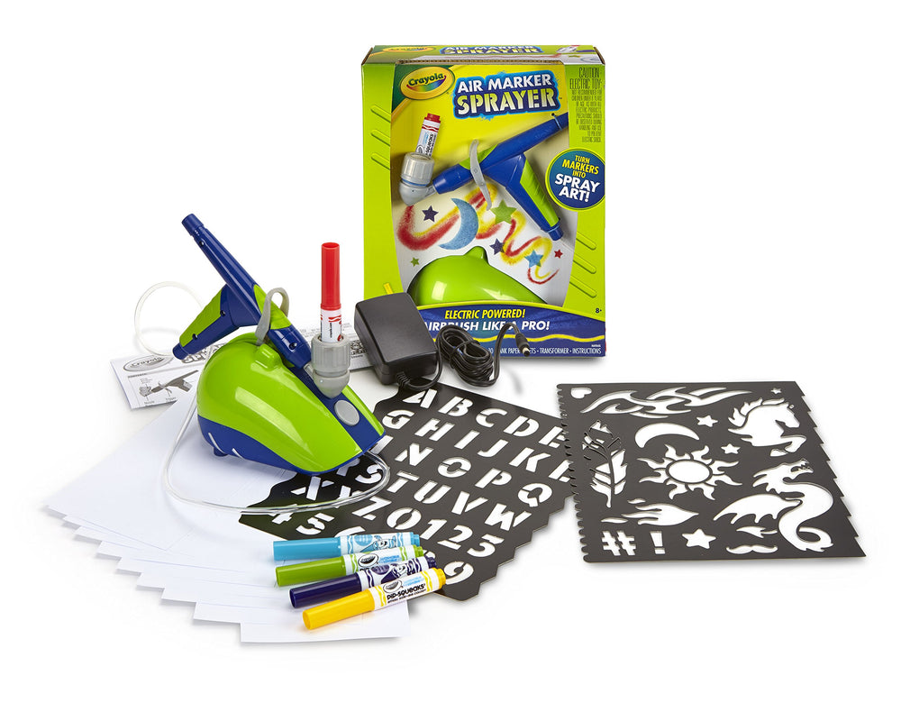 Crayola Air Marker Sprayer with stencils guiding precise design patterns