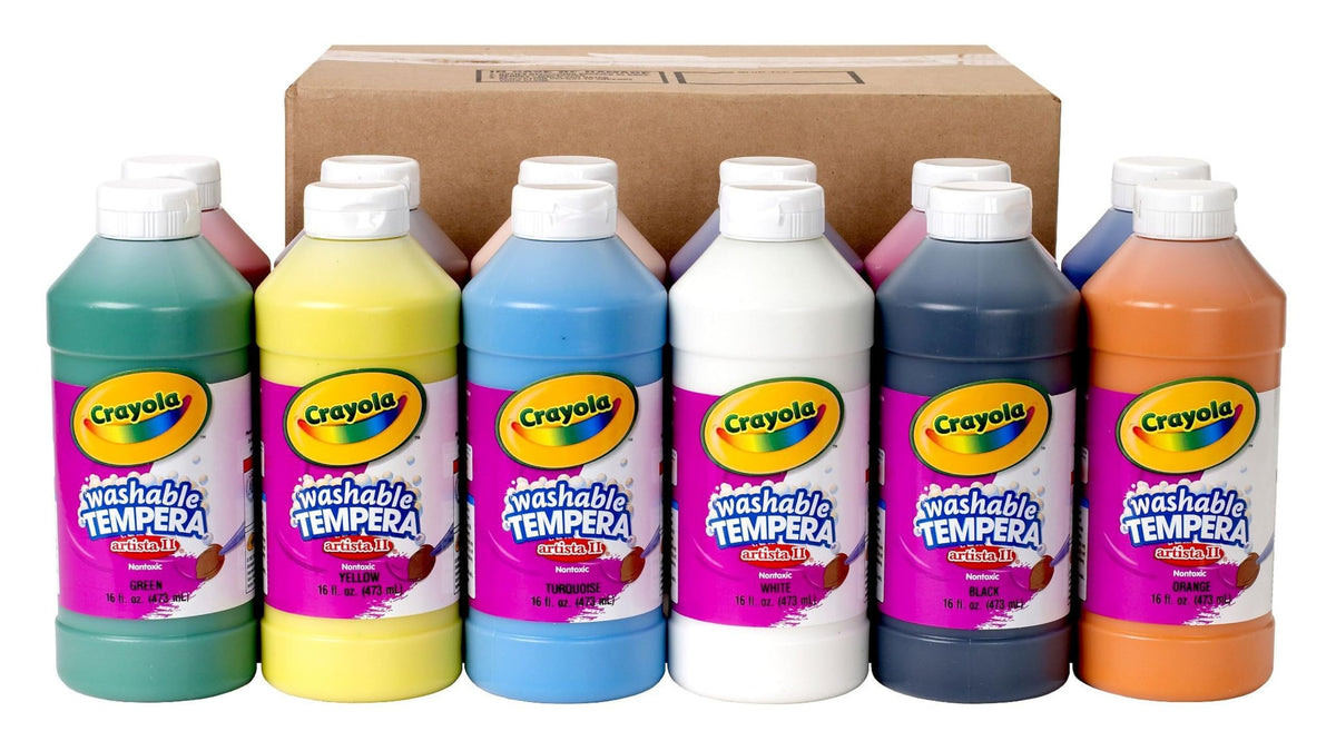Crayola Artista II washable tempera paint set, 12 bottles, vibrant colors with easy cleanup for classrooms or homes