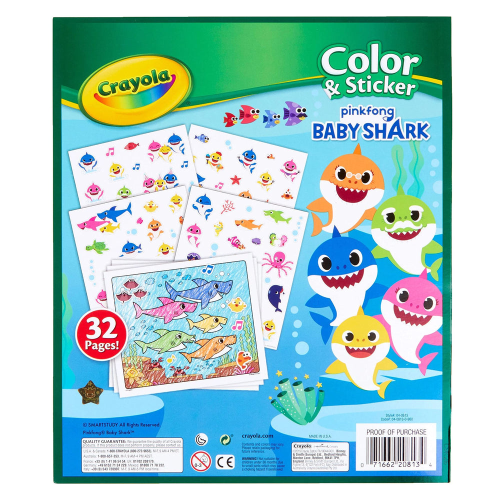 Crayola Baby Shark coloring page spread with bold lines for easy coloring