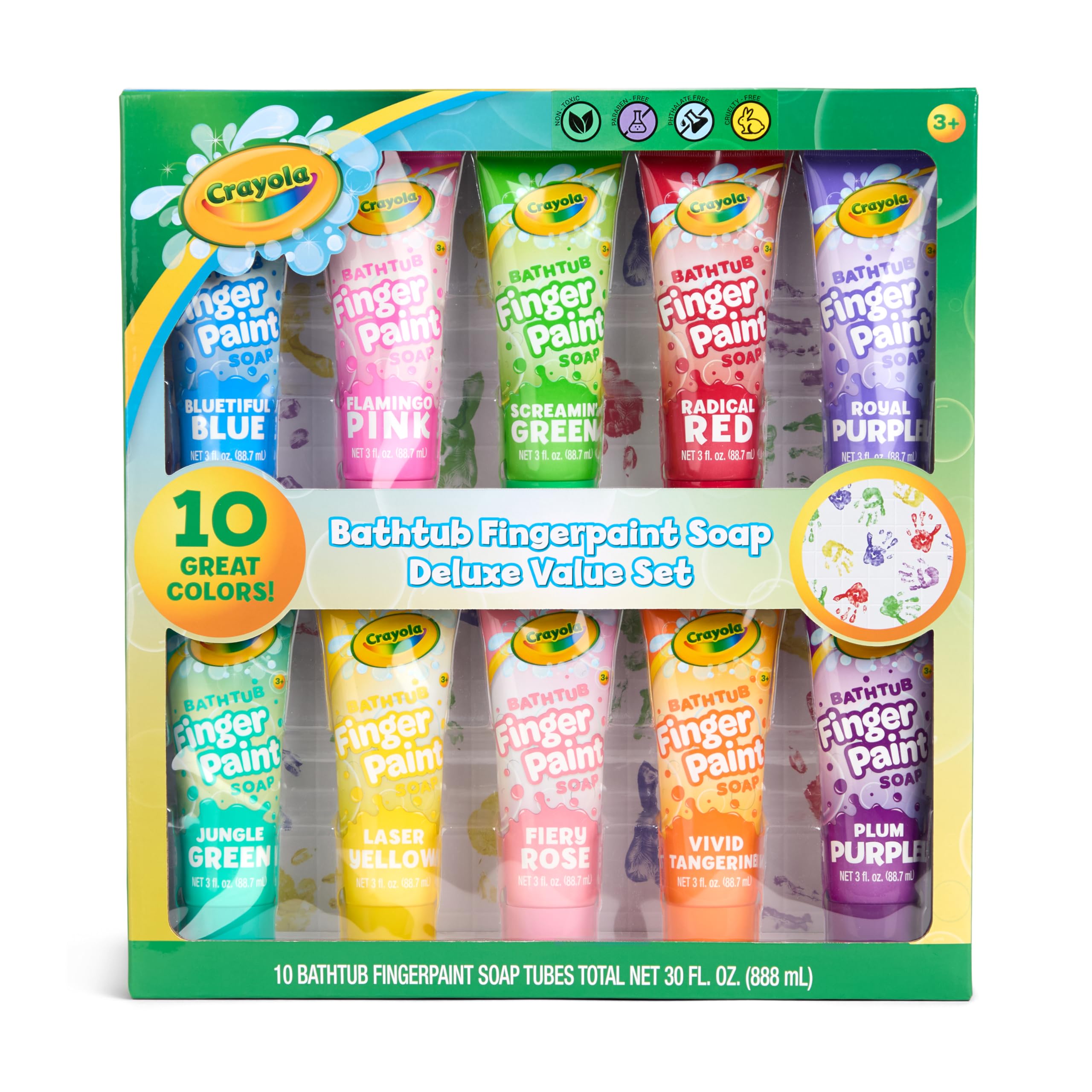 Crayola bathtub fingerpaint 10-color tubes for vibrant bath art that's easy to rinse.